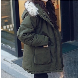 2015冬新韩国代购加厚保暖连帽工装外套真毛领大衣大码棉衣棉服女