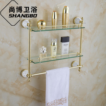 双层化妆台金色毛巾架欧式卫浴挂件仿古卫生间浴室双层玻璃置物架
