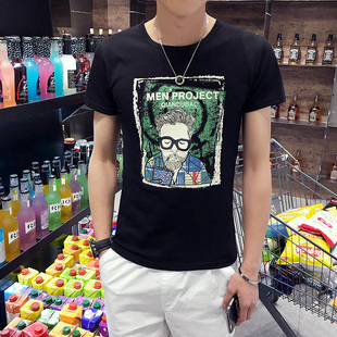 夏季新款男士修身韩版人物卡通图案潮流T恤