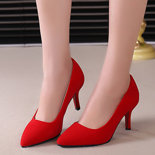 婚鞋红色细跟尖头鞋高跟新娘红鞋中跟结婚鞋子新款女单鞋浅口红鞋