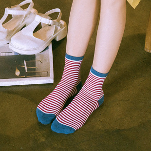 5双装韩国秋冬新品休闲细条纹全棉袜子女士中筒袜运动滑板袜保暖