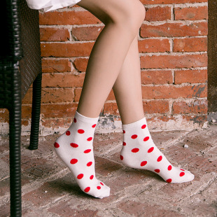 5双装韩国秋季中筒袜子女士运动全棉袜休闲彩色波点纯棉袜子
