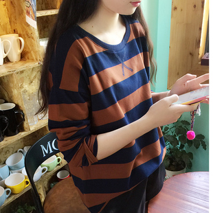 【天天特价】韩国超洋气条纹宽松毛圈棉长袖t恤女条纹上衣潮卫衣