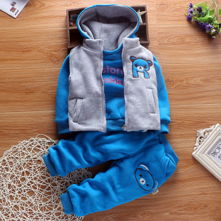 童装男童2015新款加厚冬装卫衣婴儿棉衣外套女宝宝儿童套装三件套