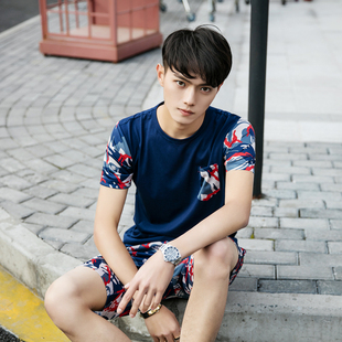 夏季青少年学生运动套装男士短T恤潮流韩版薄款迷彩服修身两件套
