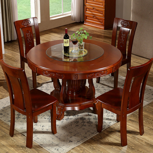 包邮餐桌进口橡木圆桌带转盘双层实木大餐桌饭桌1.3米1.5米餐桌椅