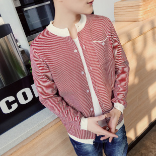 2016青年韩版竖条纹大码针织衫外套男士休闲薄款毛衣秋季线衫