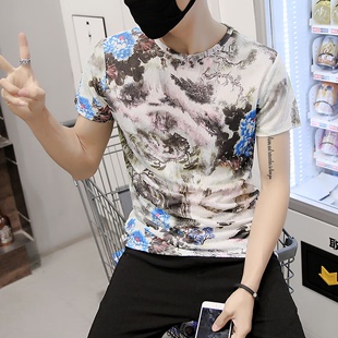 CCXO大码男装中国风水墨印花短袖t恤 夏季复古圆领夜店潮流个性T