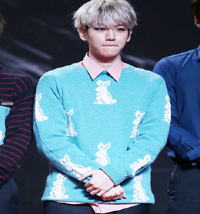EXO边伯贤MAMA颁奖礼同款 小白兔蓝色毛衣加衬衣2件套针织情侣衫