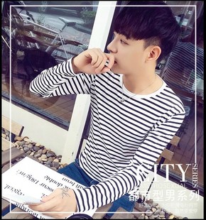 秋季男生长袖T恤韩版修身圆领打底衫青少年保暖条纹上衣服纯色衣