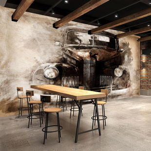 欧式3D立体复古手绘老爷车工业墙纸网吧网咖咖啡厅奶茶店大型壁画