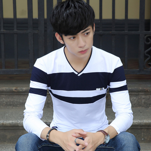 秋季男士长袖T恤韩版修身青少年V领上衣服全棉潮男装学生休闲体恤