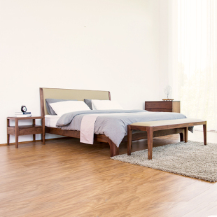北欧日式黑胡桃木全实木床简约软包床1.8米高靠皮床1.5米卧室家具