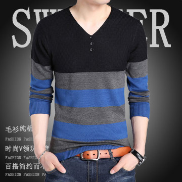 秋季新款男士长袖T恤韩版修身V领条纹针织打底衫男装薄款套头毛衣