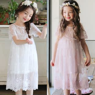 童装女童裙儿童甜美蕾丝吊带两件套连衣裙长款薄刺绣短袖公主裙夏