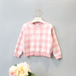 2016韩国品牌童装 女童毛衣秋装新款粉色格子羊绒毛衣儿童针织衫