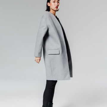 RCH原创设计品牌女装浅灰色无领呢大衣古着中长款毛呢外套女冬