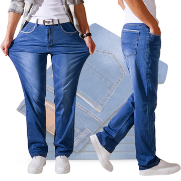 夏季男式牛仔裤宽松直筒男裤超薄高弹力透气运动型大码长裤肥佬裤