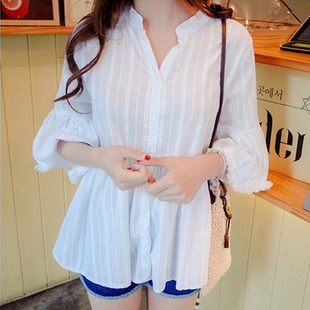 夏季韩版女装宽松中长款上衣七分喇叭袖休闲衬衫