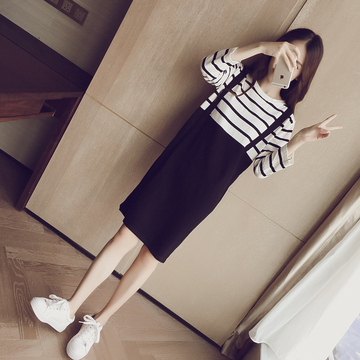 韩版2017新款春装女装黑白条纹七分袖拼接假两件针织直筒连衣裙潮