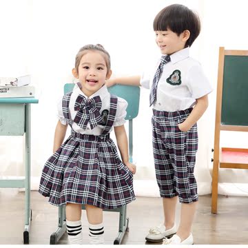 3儿童夏季校服班服定制4男童学院风格子衬衫9女童幼儿园园服套装