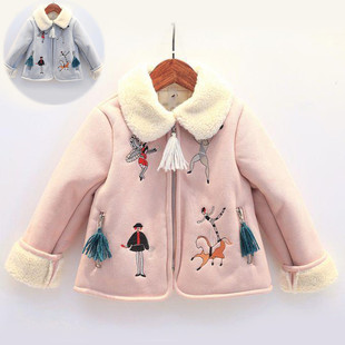 女童加绒加厚外套2016秋冬装新款韩版女宝宝麂皮羊羔绒夹克拉链衫