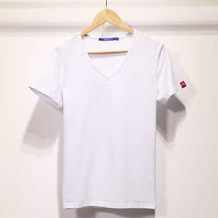夏季新款V领男士短袖T恤纯棉修身打底衫  薄款纯色体恤男半袖白色