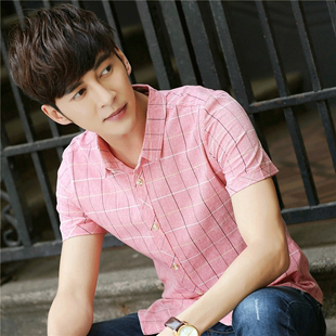 夏季短袖棉麻衬衫男士青少年修身韩版英伦寸衫薄款休闲格子衬衣潮