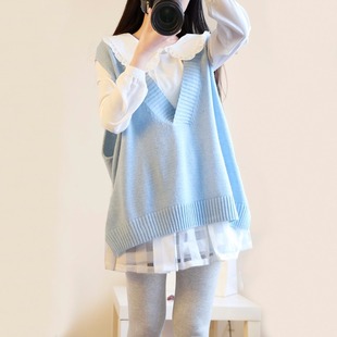 2016秋装女森系学生针织衫马甲+娃娃领衬衫少女百搭两件毛衣套装