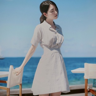 夏季2016新款韩版高腰宽松显瘦中长款短袖条纹衬衫连衣裙