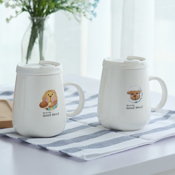 瓷语陶瓷马克杯子可爱卡通女生水杯办公带盖带勺咖啡杯礼物杯包邮