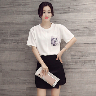 夏季新款女装韩版时尚猫咪印花宽松圆领短袖T恤
