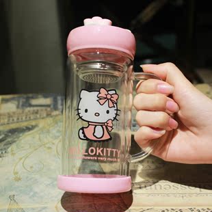 可爱卡通双层隔热带茶漏带手柄玻璃杯kitty叮当学生儿童便携水杯