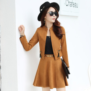 2016秋装新款韩版时尚修身麂皮绒套装立领长袖短外套短裙两件套