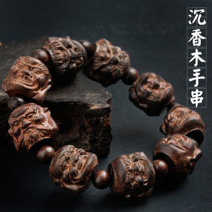 沉香木质十八罗汉雕刻佛珠手串越南老料男士民族风念珠手链配饰品