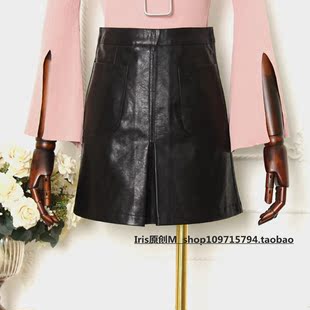 Eight+Plus正品2016秋冬装新韩版口袋A字显瘦半身裙PU皮短裙2A305