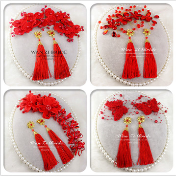 新娘结婚红色手工蕾丝花朵头饰发饰额饰韩式礼服饰品中式结婚配饰