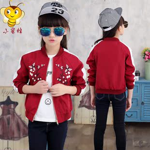 女童外套2016秋韩版童棒球服中大女童外套 红色衣服夹克开衫上衣