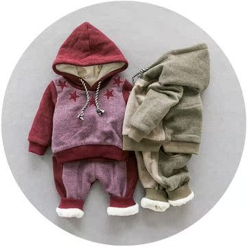 婴儿宝宝冬装新款儿童加绒连帽卫衣两件套潮2016韩版加厚男童套装