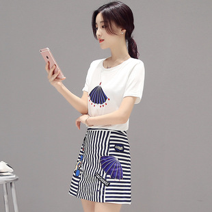 2016夏季新款韩版圆领短袖潮流修身显瘦T恤半身裙两件套女套装裙
