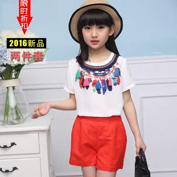 女童夏季套装2016新款韩版中大童3-12岁流苏短袖7纯色短裤两件套