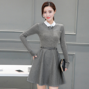 韩版针织长袖连衣裙女装秋装2016新款潮娃娃领显瘦中长款打底裙子