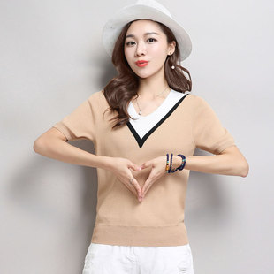 夏季新品韩版冰丝针织衫短袖女大码显瘦V领打底衫短款百搭薄上衣
