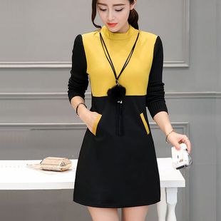 2016新款韩版修身显瘦长袖连衣裙秋季毛线袖拼接中长款打底裙女裙