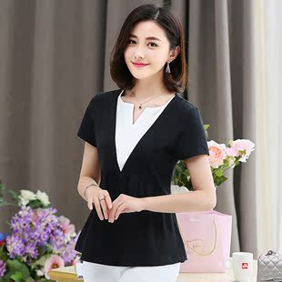 2016夏季新款女装黑色假两件套大码V领短袖T恤女韩版修身气质上衣