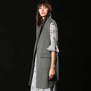 FUUROO芙绒2016新款无袖西装领羊毛马甲 女式 中长款背心外套女装