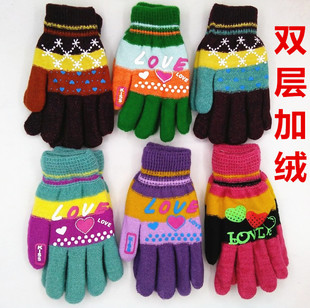 韩版冬季女士手套女马海毛线加厚加绒分指双层针织户外成人女手套