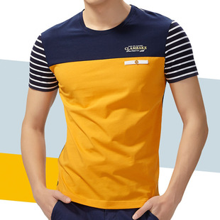 2016夏季男士短袖t恤男装圆领纯棉条纹男T恤韩版修身拼接半袖小衫