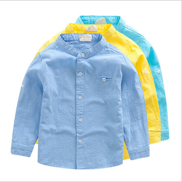2016韩版春款儿童棉麻立领童衬衣糖果色长袖衬衣