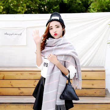 秋冬季韩国版围巾披肩两用格子女士针织加厚流苏保暖围脖冬天
